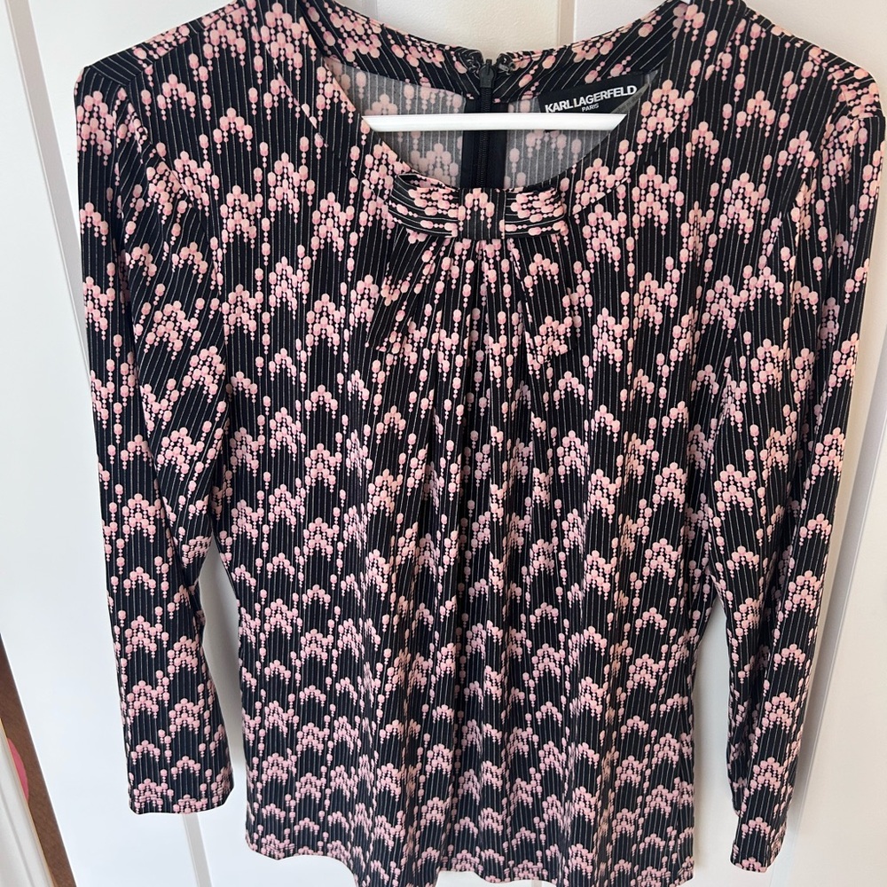 Karl Lagerfeld Black and Pink Graphic Blouse, stretchy, lightweight, Medium